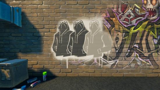 The Shady Doggo graffiti in Fortnite sprayed onto a wall.