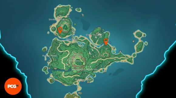 Eine Karte, die den Schrein der Tiefenorte auf Tsurumi Island zeigt