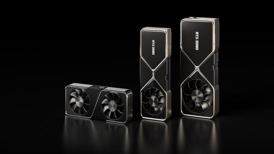 A 3D render of Nvidia's RTX 3000 series GPU lineup against a black backdrop