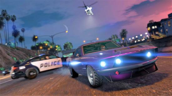 A GTA Online blue car speeds up a road past a police car and helicopter