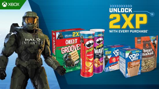 Master Chief and a whole lot of Kellogg's snacks advertising XP boosts for Halo Infinite