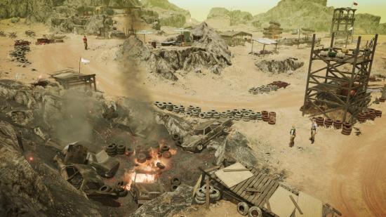 Several armed mercenaries stand near a pit of burning cars and tires in a remote desert location in Jagged Alliance 3.
