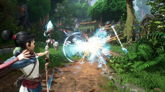 Kena looses an arrow from her magical bow into a group of enemies near an overgrown mountain village in Kena: Bridge of Spirits.