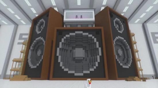 A giant set of speakers built in Minecraft to tease Minecraft Live 2021
