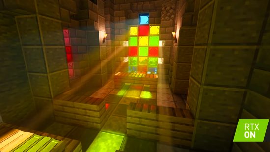 Traçage de rayons Minecraft - Lorsque le traçage de rayons Minecraft est activé, les rayons lumineux colorés peuvent briller à travers un vitrail.