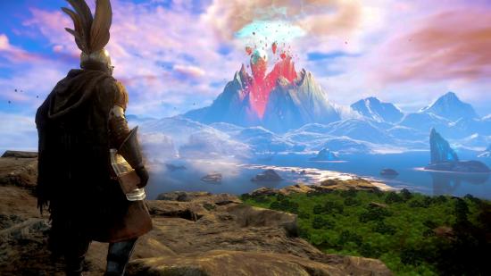 A character stands on a rocky hill, looking out at an exploded volcano in New World