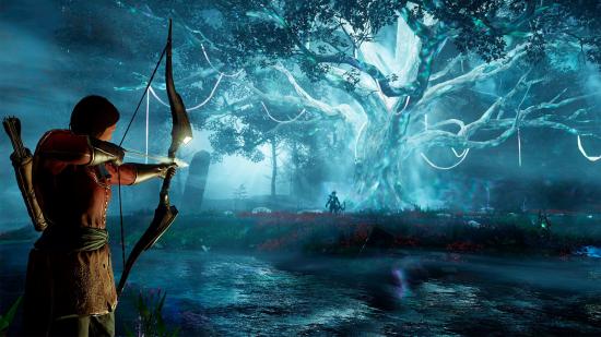 A screenshot from New World in which an archer is taking aim at an enemy by an ethereal looking tree