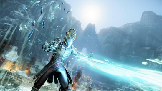 An armoured mage in New World's open beta blasts icy spells from his hands