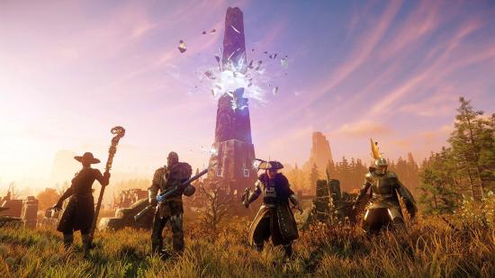 Four New World MMORPG characters in front of a sunrise and smashing obelisk