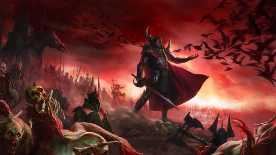An armoured Vampire Counts lord leads an army in a painting of a Warhammer battlefield.