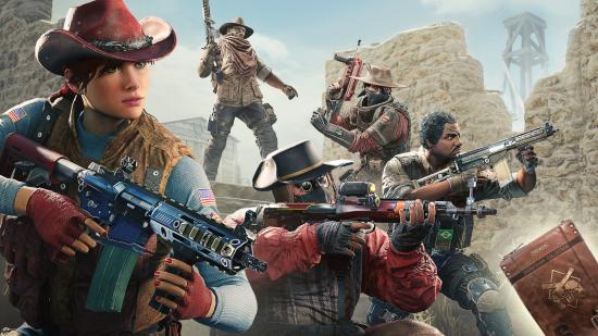 A group of Rainbow Six Siege characters line up in western gear for the Showdown event