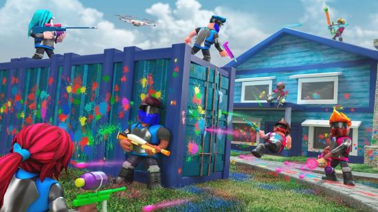 Brightly coloured characters face off in a paintball match in Roblox.
