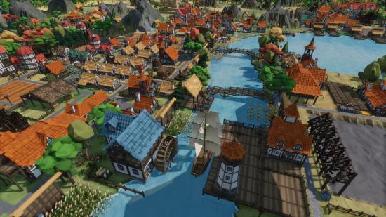A colourful medieval town hugs the banks of a river in Settlement Survival.