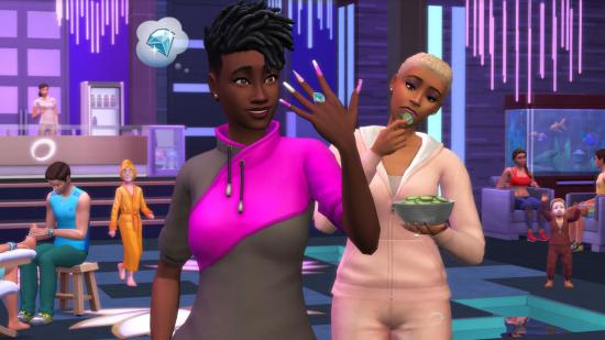 Two Sims in The Sims 4 Spa Day pack with new nail polish and eating cucumbers