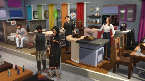 A group of sims marvel over the new swatch options in the latest Sims 4 update
