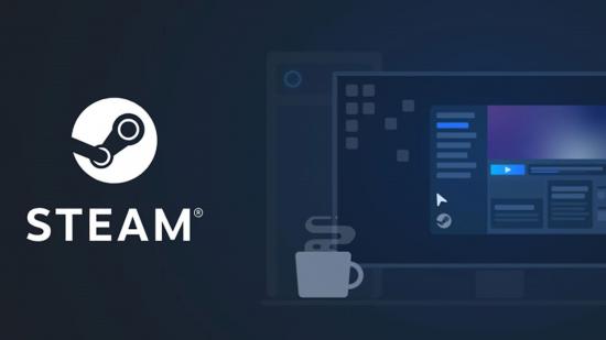 Steam logo with mug and TV graphic on navy backdrop