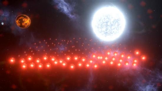 Dozens of red thruster engines are visible against a glowing white dwarf star in Stellaris