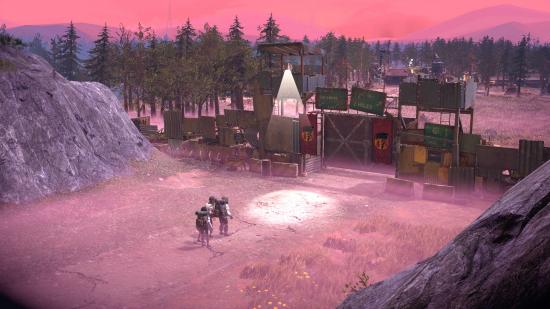 Best apocalypse games - Surviving the Aftermath: three survivors approach a ramshackle gate to a survivor outpost 