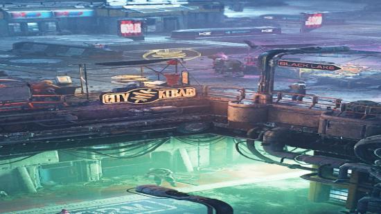 The Ascent's neon-lit, grimy, cyberpunk streets