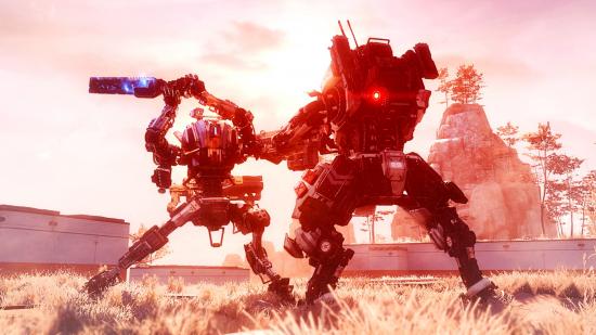 Two mechs duking it out in Titanfall 2