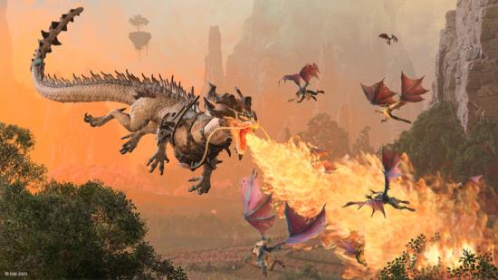 The Iron Dragon lets loose a torrent of fire from his mouth in Total War: Warhammer 3.