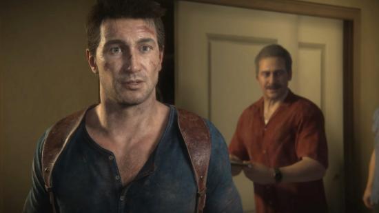 Nathan Drake enters a room, looking surprised, in Uncharted 4