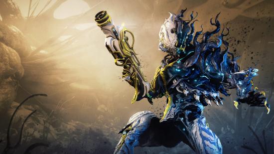 Nidus Prime keyart shows off the warframe's new, enhanced infestation effects and gold Prime highlights.