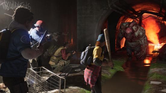 The cleaners are shooting at a monster in a sewer.