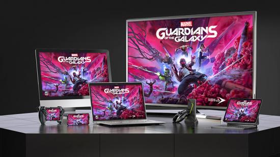 Marvel's Guardians of the Galaxy posters appear on multiple devices, such as a gaming laptop, all-in-one gaming PC, smartphone, and TV
