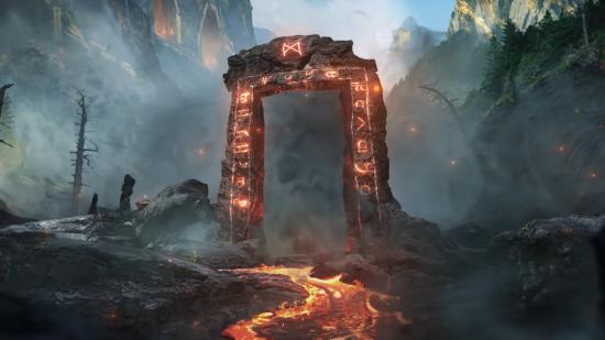 A teaser for the next Assassin's Creed Valhalla DLC, showing a rune-lined portal spilling lava