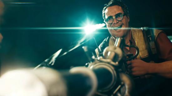 Hoffman, one of Back 4 Blood's Cleaner player characters, manically fires a minigun with a spotlight behind him