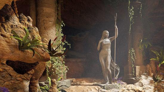 An image of a statue in a cave for the pre-release announcement of Baldur's Gate Patch 6