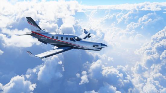 A plane is flying around in the clouds in Microsoft Flight Simulator.