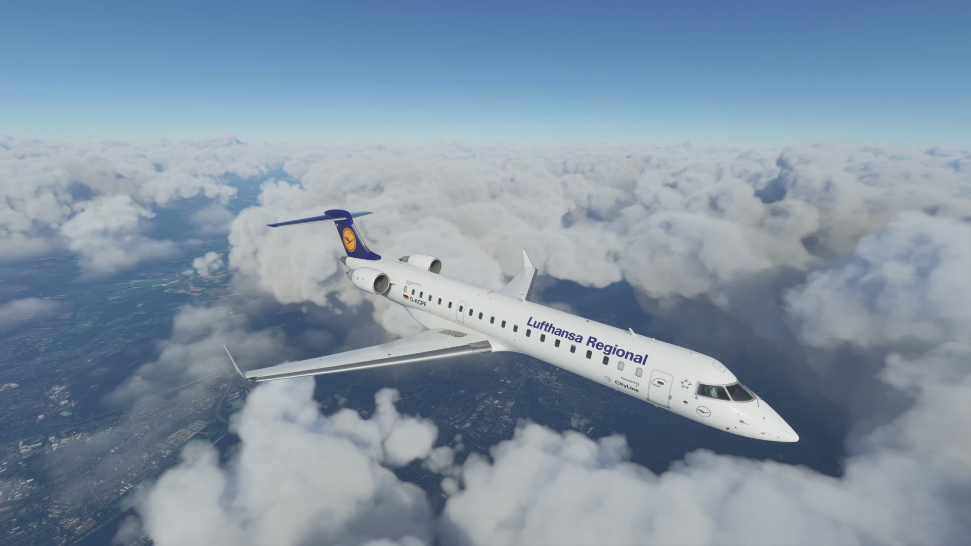 Best simulation games: Microsoft Flight Simulator. Image shows a Lufthansa plane flying above the clouds.