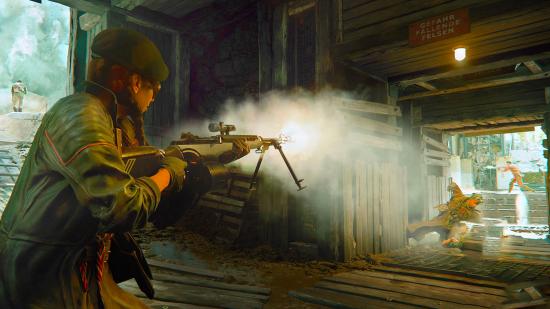 Polina, the female soldier on the left, firing a sniper rifle towards an enemy directly in front of her