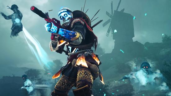 A player with a skull face surrounded by ghostly blue figures in Warzone