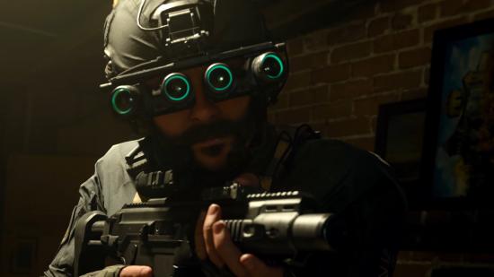 Captain Price, the protagonist from Call of Duty: Modern Warfare, brandishes nightvision goggles in a dark setting