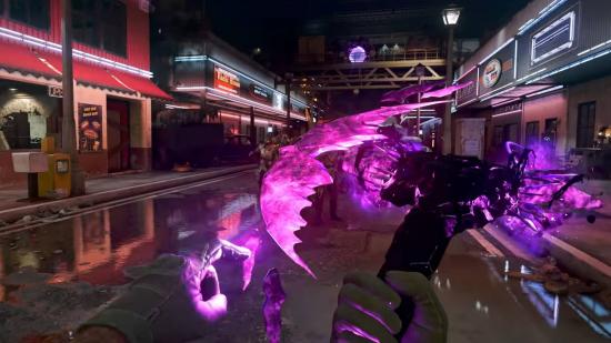 A glowing purple axe slashing through zombies in Call of Duty Cold War