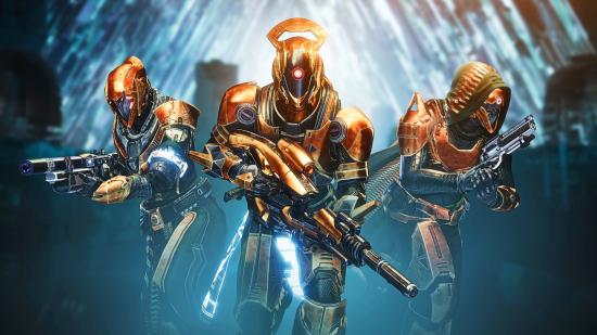Three Destiny 2 players run from the Vault of Glass raid while one holds the Vex Mythoclast