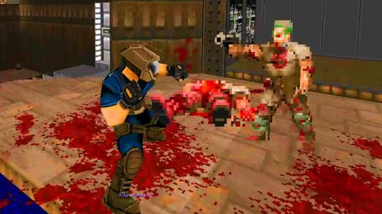 The Doomguy sets up to punch a zombieman in Doom II running the Doom Fighters mod.