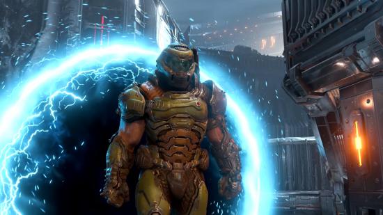 The Doom Slayer emerges from a portal in Doom Eternal