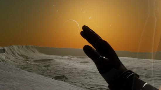 A commander's hand is seen making the salute gesture in Elite Dangerous Odyssey