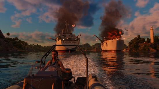 Far Cry 6 Libertad leader, Clara, steers a boat away from explosions