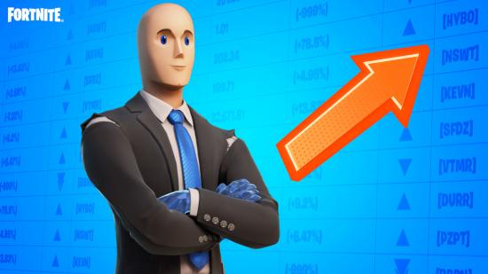 Fortnite's version of the 'stonks' meme, featuring a simple character standing in front of a chart of rising stock prices