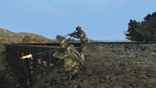 A screenshot of the original Ghost Recon, featuring two soldiers firing guns down a hill