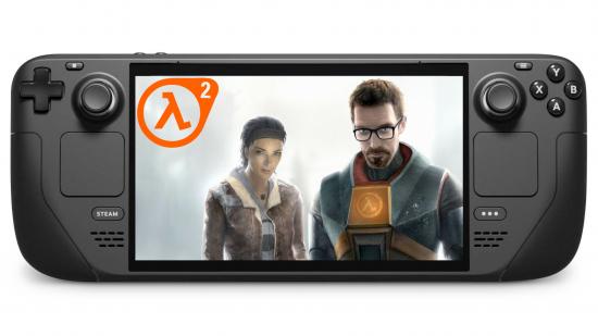 A Steam Deck displaying an image of Half-Life 2 protagonists Gordon Freeman and Alyx Vance