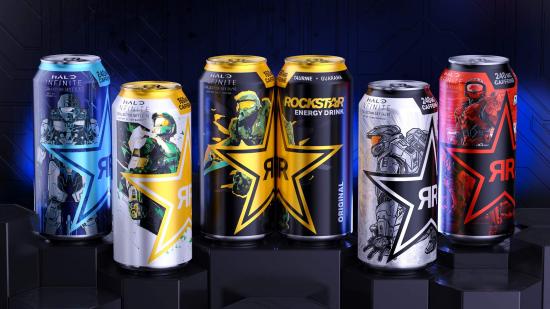 Halo Infinite-branded cans of Rockstar Energy