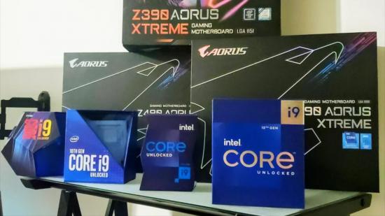 A collection of boxed Intel processors and Aorus motherboards
