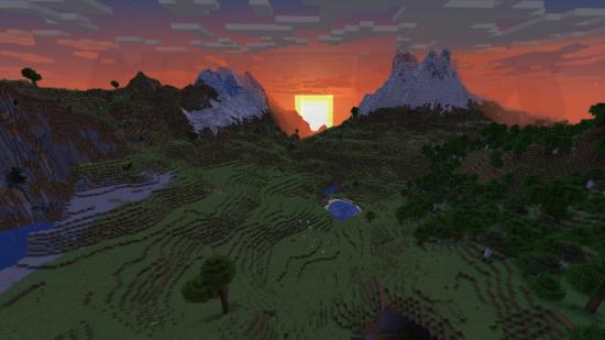 The sun rises from behind some Minecraft mountains.