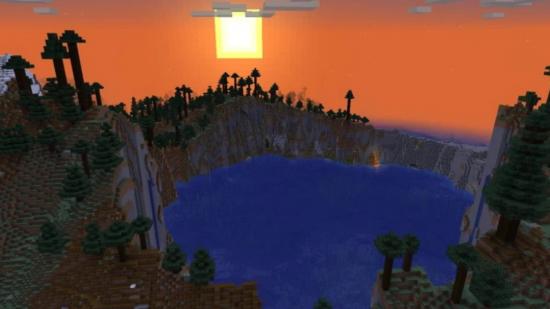 A crater lake at sunset in Minecraft